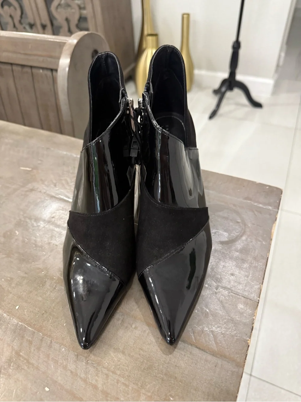 ZARA Black Pointed Toe Patent & Suede Ankle Booties NWT Women’s